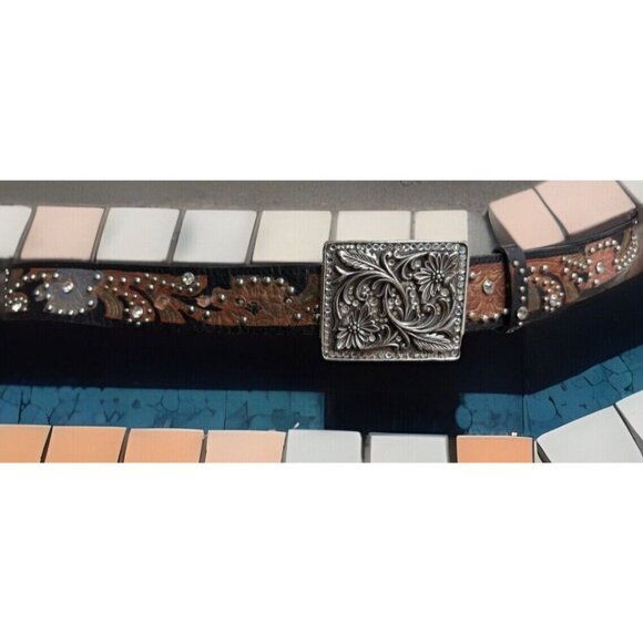 NACONA Brown Leather Belt N3464697 40-46 Inch Statement Rhinestones Hand Painted - Picture 2 of 8